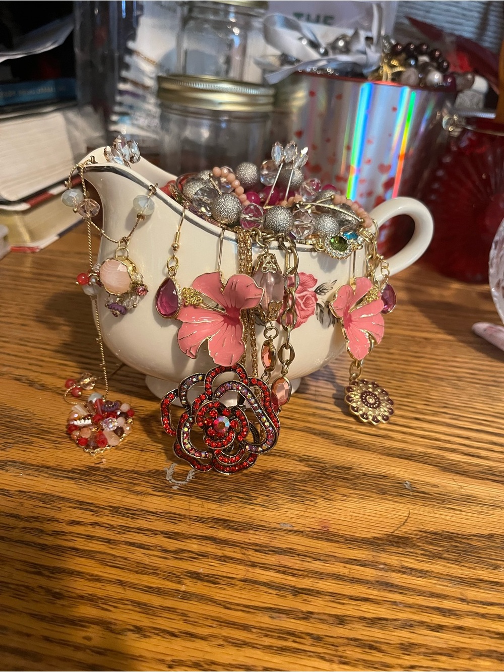 Pink Floral Pendant Necklace with Gold Accents